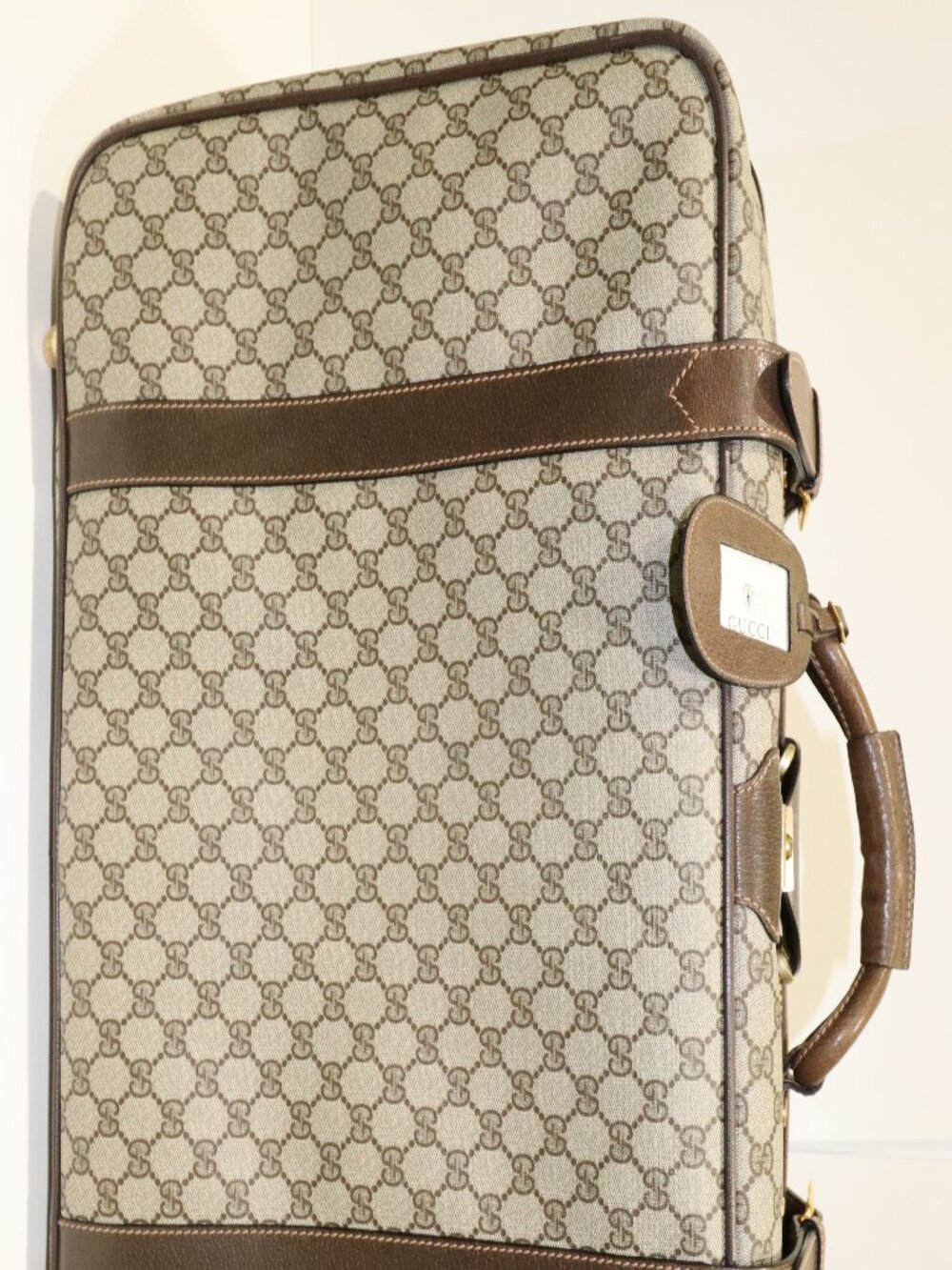 Vintage Gucci GG Monogram Suitcase 24” Brown Leather Trim & Luggage Tag